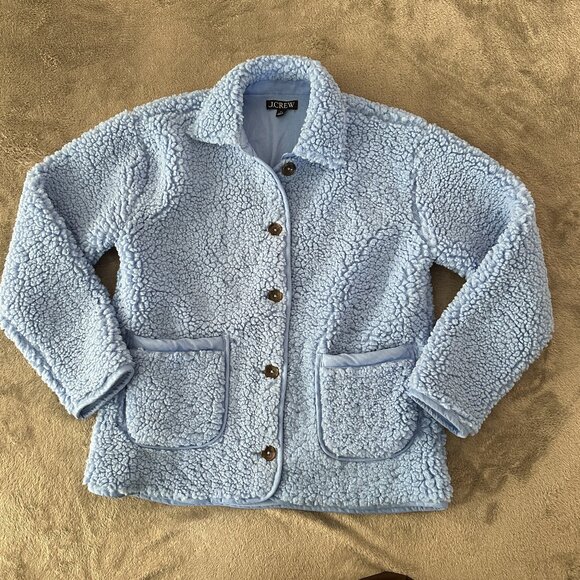 J. Crew Blue Faux Sherpa Teddy Chore Jacket Women's XS Button Up Coat - Picture 1 of 9